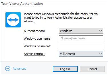7 다른연결옵션 7.2 Windows 사용자계정을이용한원격컴퓨터인증 ID 와비밀번호를사용한 TeamViewer 인증대신, Windows 사용자이름과비밀번호를사용해원격컴퓨 터에로그인할수도있습니다. Windows 인증은모든연결모드에서사용할수있습니다. 고급인증대화상자 Windows 인증을사용해원격제어세션에연결하는방법은다음과같습니다. 1.