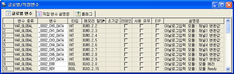 2 XGI PLC 의경우 특수 / 통신모듈변수자동등록 을실행한 XG5000 프로젝트창에서글로벌 / 직접변수를선택하고글로벌 /