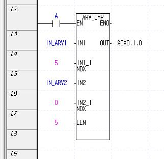 아래와같이 5 개의 ARRAY 데이터가같은경우출력 %QX0.1.0 이 ON 됩니다.