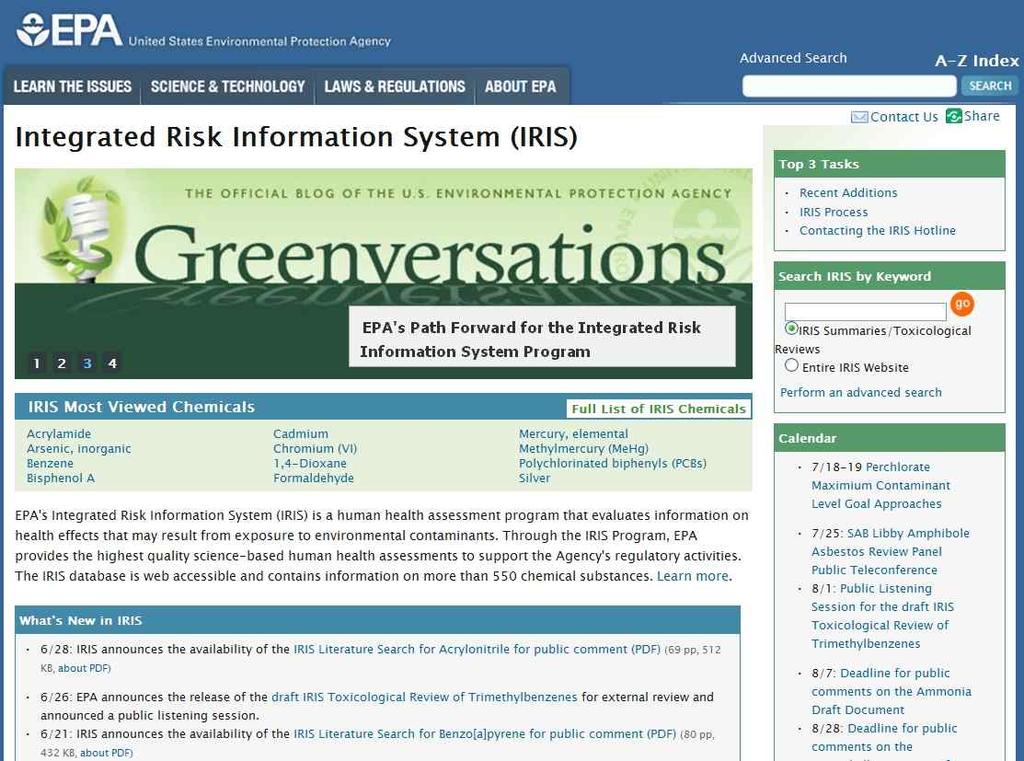 Environmental Protection Agency(EPA), Integrated Risk Information System(IRIS) - 인터넷사이트주소 http://www.epa.