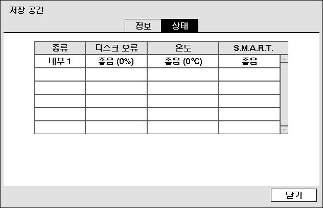 디지털비디오레코더 상태 그림 26 저장공간상태화면 종류 : 디스크의종류를표시합니다. 디스크오류 : 사용된적이없는디스크의경우 포맷안됨 으로, 정상적으로사용되고있는디스크의경우 좋음 으로표시됩니다. 좋음 으로표시되더라도 HDD의일부가망가졌을경우망가진비율이 % 로함께나타납니다.