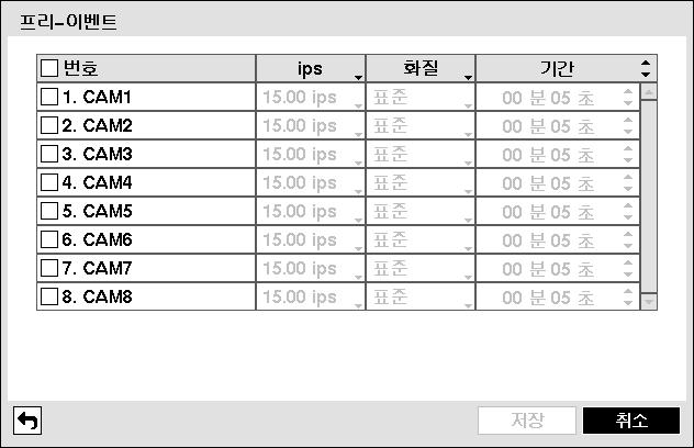 디지털비디오레코더 프리 - 이벤트설정 녹화메뉴에서 프리 - 이벤트 를선택하십시오. 그림 55 프리 - 이벤트설정화면 번호 : 전체카메라에대한프리-이벤트설정을선택 / 해제합니다.