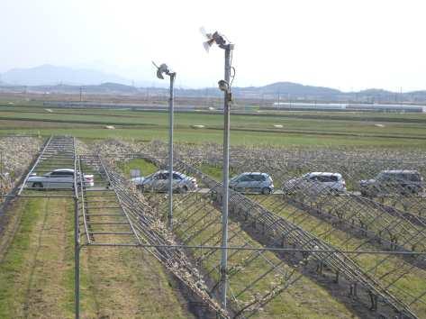 서리피해예방사전대책 방상팬에의한송풍법 ( 送風法 ) 철제파이프위에설치된전동모터에날개를부착하여온도가내려갈때모터를가동시켜송풍시키는방법 작동온도는발아직전에는 2 전후, 개화기이후에는 3 정도에서설정 하고여러대가동시에가동되지않도록 제어기에서 5~10초간격을둠 < 방상팬> 가동정지온도는해가뜬이후온도의급격한변화를방지하기위해설정온도보다 2 정도높게하여줌살수법 (