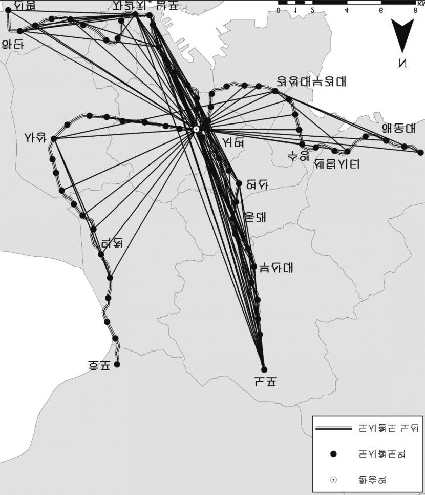 2005년 도시철도 승객의 통행패턴 (3그룹) 자료: 부산교통공사, 2005, 부산도시철도 승차 역에 대한 하차 그림 3.