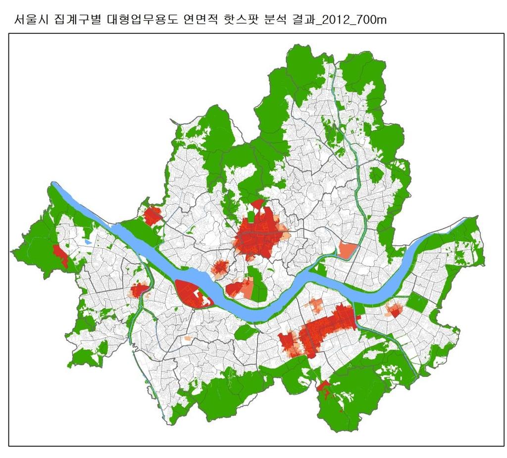 서울시오피스건물의군집패턴 국지적공간군집패턴분석 2003년 3도심에넓은핫스팟분포.