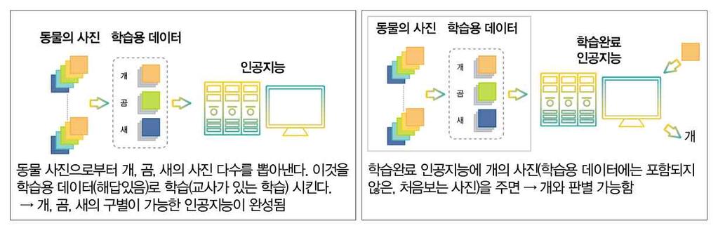 예를들면, 다양한동물사진중에서개, 곰, 새의사진을여러장골라각각무엇이개이고, 무엇이곰이며, 무엇이새인지를분류하고정답을붙여학습용데이터를만든다. 그리고정답이있는학습용데이터로인공지능을학습시키는것을 교사가있는학습 이라고하며, 이러한학습을거친인공지능은앞으로주어지는동물이개, 곰, 새인지를구별할수있는능력을확보하게된다.