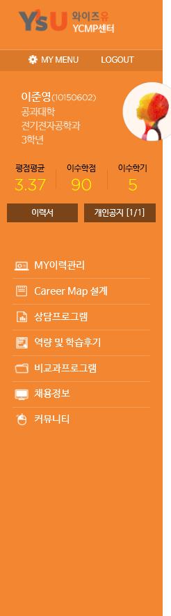 주메뉴항목설명 MY이력관리 _ 교과 / 비교과이수내역및후기작성, 졸업인증, 멘토링교과목관리, 이력서자기소개서, 포트폴리오등학적활동과 YCMP시스템이력사항을종합차트형태로조회및관리할수있습니다.