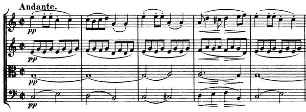 128 정순석 < 악보 4> 슈베르트, 현악 4 중주 a 단조 D804, 2 악장마디 1-5 3악장은미뉴에트악장으로우아한무곡적인특징이나타나는데이는랜들러 (Ländler) 4) 또는왈츠에근접하지만 Allegretto 의템포때문에가벼운느낌이든다.