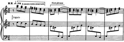 64 피아노음악연구 < 악보 22> mm. 1-6 Section II는 3개의프레이즈로구성된다. 첫번째프레이즈에서는왼손에서 3도스케일이지속되는반면오른손에서는도약하는음정과하행하는 6도스케일이새롭게등장한다.