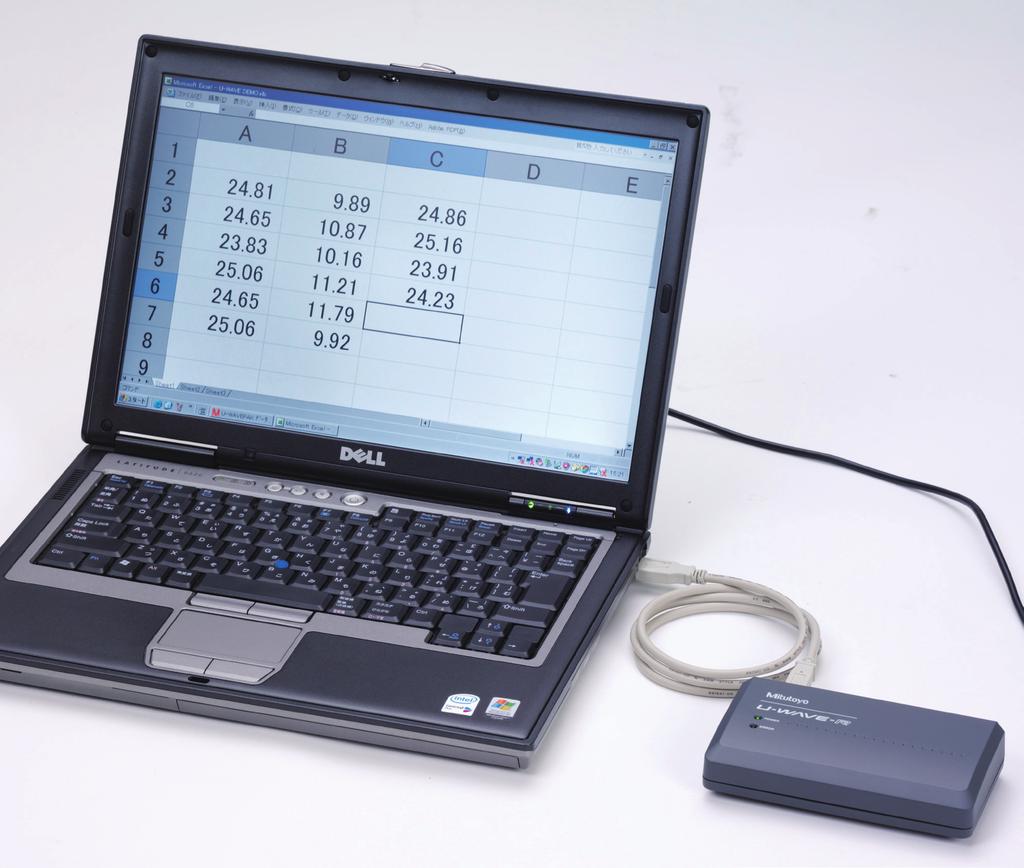 컴퓨터로 전송이 가능 U-WAVE 데이터 입력 스위치를 누르면 Excel의 지정된 측정기에 표시되어 있는 측정값이 셀에 들어 가는데 이는 키보드로 직접 입력한 것과 같은 원리입니다. 입력 후 셀의 이동 방향(상하좌우)은 Excel에서 설정이 가능합니다.
