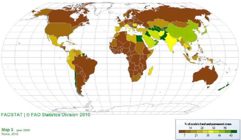 그림 4-3. 전세계의경작지대비관개면적비중 자료 : FAO(2010). 동남아주요국의경작지대비관개면적비중을살펴보면베트남과태국을제외하고는전세계평균인 20.1% 에못미치고있다.