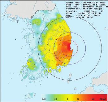 이를극복하기위해연구원에서는기존방식에현장경보방식을접목한하이브리드형지진조기경보체계연구를활발하게 진행하고있다. 5.2 경주지진과포항지진의여진발생추이비교 그림 23 은경주지진및포항지진의여진발생횟수를나타내고있다. 포항지진본진과경주지진본진의모멘트 규모 (Mw) 는각각 5.4 와 5.