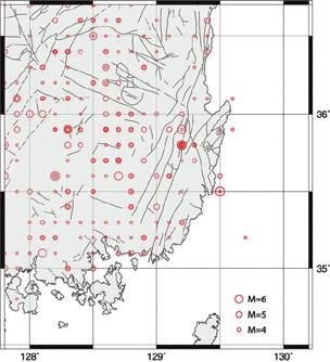 KIGAM 일반인을위한한반도동남권지진한반도지진발생현황과지체응력특성 14 15 역사지진 A 계기지진 C 그림 4 A