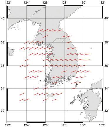 또한최대수평응력방향이한반도남쪽보다북쪽에서동북동-서남서방향에더욱가까운경향이있다.