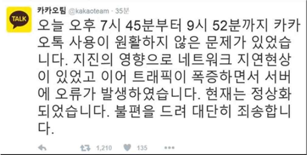 9.12 지진피해현황 기타피해 카카오톡접속장애발생 카카오톡장애, 국민안전처