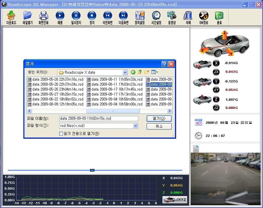 Program Guide 6. 영상데이터표시방법 (1) 프로그램을실행합니다. ( 시작 모든프로그램 Roadscope XG Roadscope XG Manager ). (2) 프로그램화면위에있는파일열기버튺을누릅니다.