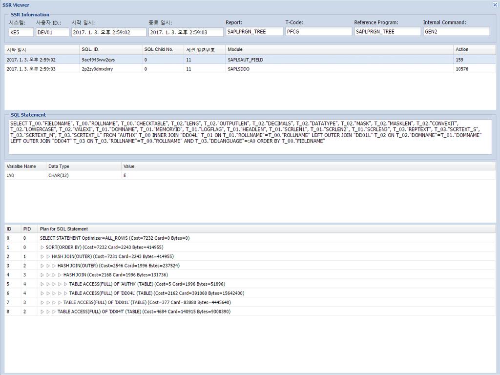 KLUG View, User Transaction History View 에서연결제공 SAP 트랜잭션수행중 DBMS