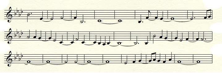 < 악보3-1> 악보 3은에스카플로네의 Sora이고두개의멜로디로이루어져있다. 앞네마디만보면딸림화음으로시작하는 C Major 음악에으뜸화음과버금가온화음이있는것으로생각할수도있다. 하지만화성음악으로보기에는 4마디와 5마디의연결이이상하고마지막 4마디에화음을채우기도어색하다.