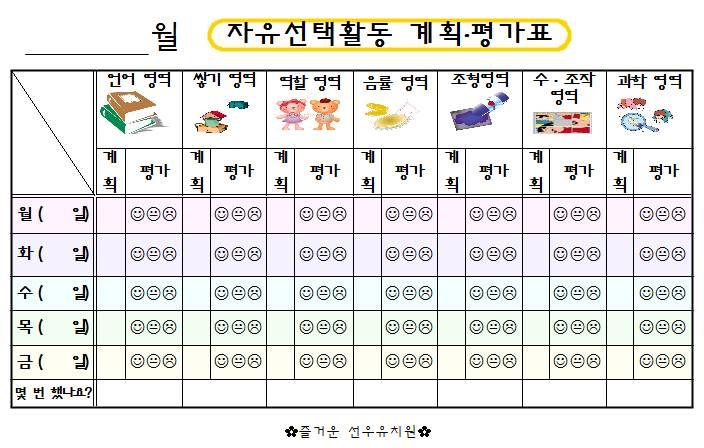 ) 유아평가가 ) 유아발달상황을계속적으로관찰 기록하여활용한다. 나 ) 유치원운영자체평가는학기별로기록하여교육과정운영에적극반영한다. 다 ) 평가는신뢰성을위하여엄선된평가자료를이용하여객관적인평가를실시한다.