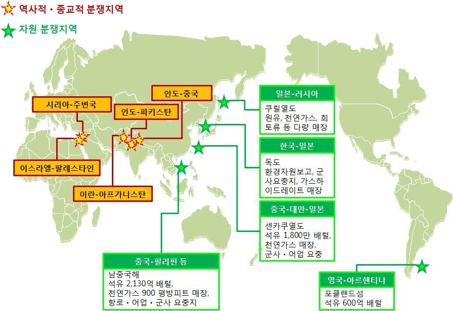 자원지도 확장세계주요지역의자원분쟁격화 의미 역사적종교적갈등을배경으로한중동서남아시아의지역분쟁이 최근자원민족주의애국주의의고취로아시아전역으로확산 미중간군사적긴장고조가능성 오바마기에는외교군사정책의중심축을아시아로이동하는아시아회귀 전략 추진중국은이를중국포위봉쇄전략으로이해 아시아지역분쟁당사국단호한대처의지표명 중국남중국해와센카쿠열도등영토문제에서는한걸음도양보하지않겠