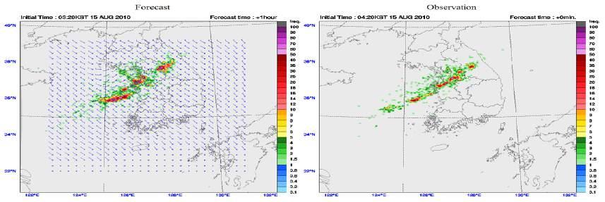 제 3 부우리나라기상기술과서비스현황 [ 그림 3-83] 외삽 1 시간낙뢰예측결과 ( 완쪽 ) 및낙뢰관측자료 ( 오른쪽 ) (2010 년 8 월 15 일 ) 미래기후예측능력을강화하고이분야핵심기술에대한자립기반을마련하기위한지구시스템모델개발에서는단위기후과정성분모듈개선, 결합, 평가가지속되었다.