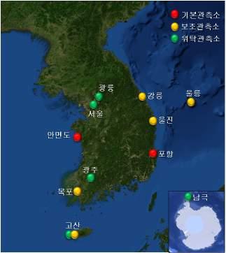 ( 에어러솔, 광주과기대 ), 광릉 ( 산림의플럭스, 연세대 ), 제주고산 ( 온실가스 에어러솔, 서울대 ), 남극세종과학기지 ( 이산화탄소 오존