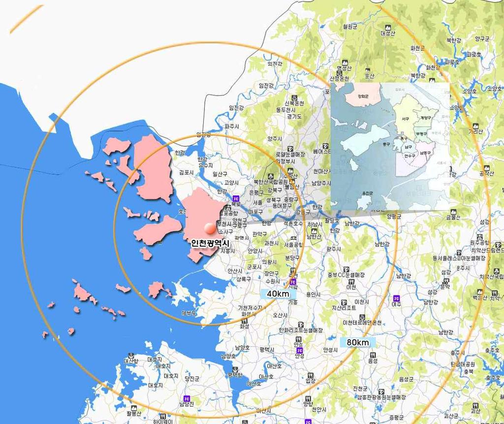 Ⅱ. 지역여건분석 1. 지리적특성 개요 인천은인천국제공항, 항만, 경제자유구역, 산업단지, 해양관광자원, 남북과수도권등경제기반을주축으로미래가치를선도하는환황해중심도시로서성장잠재력이높은도시임. 인천광역시위치도 - 인천은한반도중심부서해안에위치한도시로, 2천만수도권의서부관문도시임.