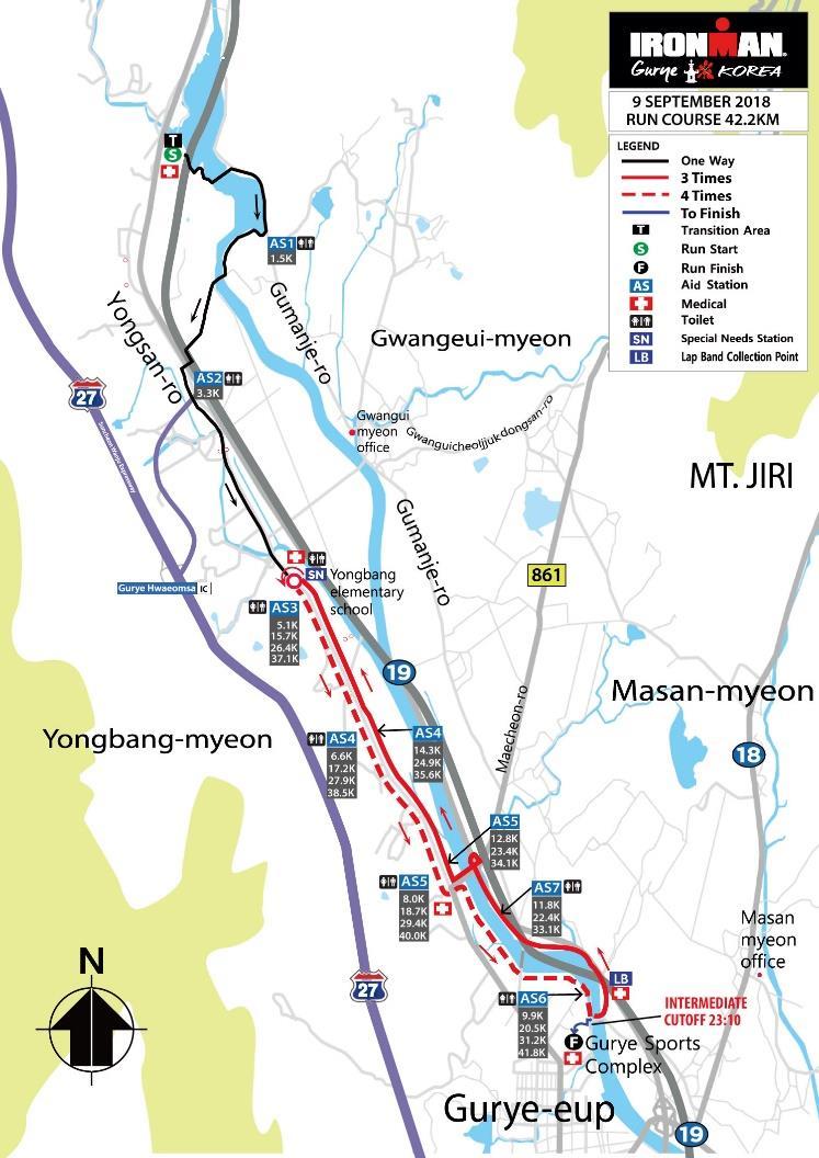 런코스 42.2KM 컷오프타임 개인출발시간기준 17 시간중간컷오프 22:30 6 번보급소를 3 번째지나갈때바꿈터를빠져나온선수들은지리산호수의경관다리를건너서우리밀밭펜션근처의 1 번보급소로뛰게됩니다. 그후로 2 보급소를지나용방초등학교앞으로도착하게되며이때부터런랩코스가시작됩니다. 선수들은이랩코스를 3 회전한후점선코스를따라공설운동으로이동하여피니쉬하게됩니다.