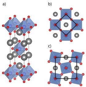 Fig. 4. (a) Crystal structure of Sr 2RuO 4 with corner sharing octahedra. (b) Unrotated octahedral structure. The black line denotes the unit cell in the layer.