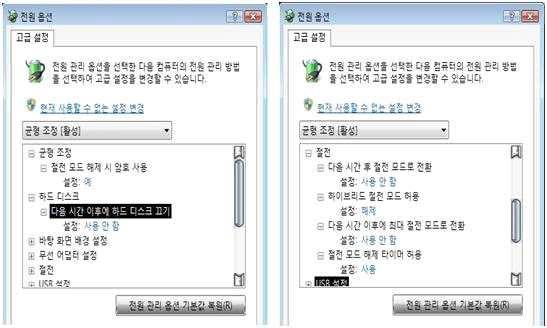 5) 자동전원관리해제 제어판 모든제어판항목 전원옵션선택 - 기본전원관리옵션중선택이되어있는항목의 설정변경 을클릭합니다. - 컴퓨터를절전모드로설정 항목을 해당없음 으로변경후 고급전원관리옵션설정변경 을 클릭합니다. - 고급설정탭내 하드디스크 옆의 + 모양클릭후 다음시간이후에하드디스크끄기 옆의 + 모양클릭합니다.