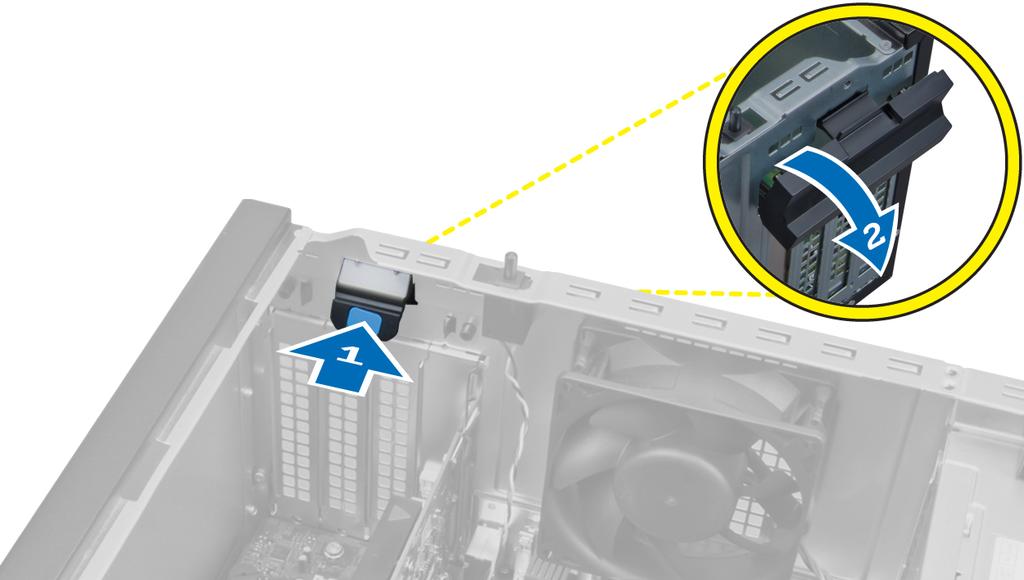 4. 카드의파인부분에서고정탭이분리될때까지 PCI x16 카드에서분리레버를당깁니다. 그런다음카드를들어올려해당커넥터에서뺀후시스템보드에서제거합니다.