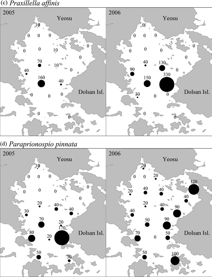 가막만의 2005 년과 2006 년동계저서환경및대형저서다모류군집구조 77 Fig. 6. Continue. Dominant polychaete species showing increase of density in February 2006 compared to that in February 2005. 산소농도등이이에해당하였다 (Table 1).