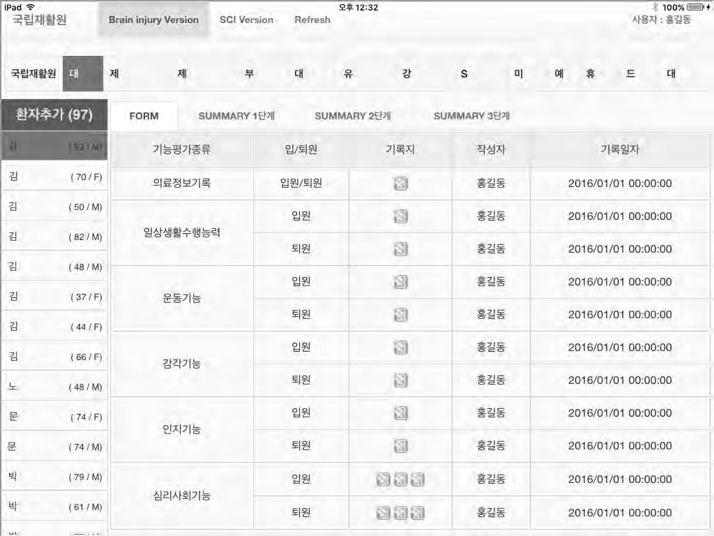 평가결과데이터입력화면에서입력상태여부를구분할수있는아이콘이표시가되며, 결과입력작성자및기록일자또한확인이가능함. [ 그림 6-2] 기능평가도구앱기반입력시스템 나.