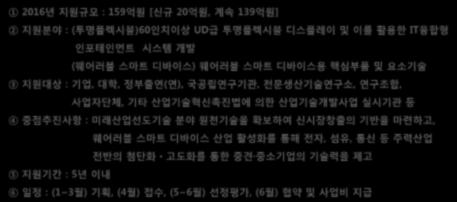 11. 소재부품산업미래성장동력 - 목적및지원내용 분야 : ICT 융합안내책자 75 page 참조 담당팀 : 전자부품평가팀 ( 투명플렉시블 ) 미래우리나라의먹거리로자리매김할수있는새로운산업을창출하고산업생태계조성을위한산업적파급효과가큰창의산업핵심미래선도기술개발 ( 웨어러블스마트디바이스 )