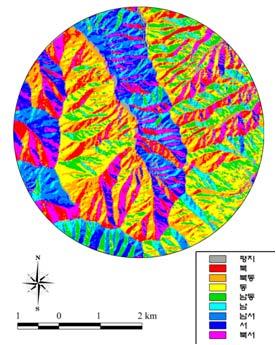 범위 구성비 (%) 환산면적 (km 2 ) 평지 40.74 15.37 북 3.20 1.21 북동 3.53 1.33 동 6.69 2.52 남동 8.80 3.32 남 9.71 3.66 남서 9.01 3.40 서 9.14 3.45 북서 9.18 3.46 합계 100.00 37.73 SI 1 = 0.83 그림 162.