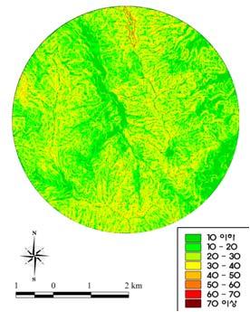 범위 구성비 (%) 환산면적 (km2) 10º 이하 7.80 2.24 10-20 17.96 5.16 20-30 36.81 10.57 30-40 27.58 7.92 40-50 8.41 2.