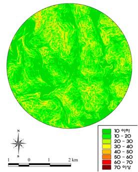 범위 구성비 (%) 환산면적 (km2) 10º 이하 17.73 5.01 10-20 34.15 9.66 20-30 32.63 9.22 30-40 12.04 3.40 40-50 2.77 0.78 50-60 0.58 0.