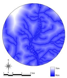 0km 이상 그림 196. 수계와의거리에따른적정지수 (SI 4 ) 평가기준 범위 구성비 (%) 환산면적 (km2) 0.5km 이하 87.36 32.96 0.5-1.0km 11.21 4.23 1.