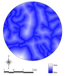 범위 구성비 (%) 환산면적 (km2) 0.5km 이하 94.04 26.59 0.5-1.0km 5.96 1.68 1.0-1.5km 0.00 0.00 1.5-2.0km 0.00 0.00 2.0km 이상 0.