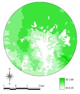 식생에따른서식지적합성평가결과 ( 무주 ) SI 값구성비 (%) 환산면적 ( km2 ) 1.00 0.64 0.18 0.90 38.91 11.05 0.