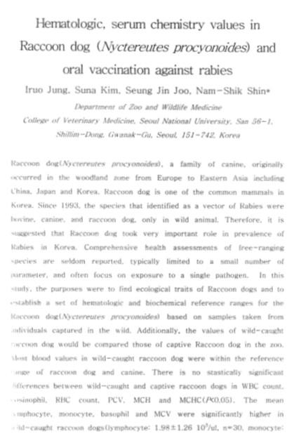 Hematologic, serum chemistry values in Raccoon dog (Nyctereutes