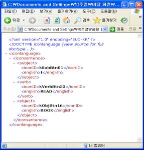 45 5.2.4 X M L 문서와의연동화면 본 시스템은 XML로 저장된 문서를 로드하여 각 아이콘을 다른 배경색으 로 구분된 해당 패널에 디스플레이하고, 아이콘의 의미와 함께 아이콘 문장표 현까지 표현하도록 하였다.