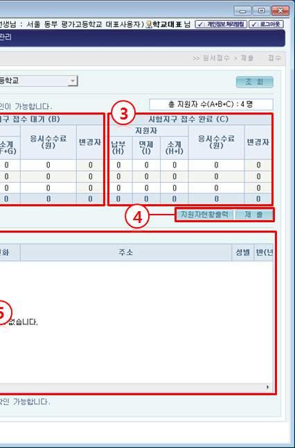 : [ 시험지구대기 (B)] - 학교에서최종완료되어시험지구로제출한지원자인원및수수료 3 : [ 시험지구완료 (C)] -