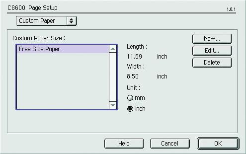 PAGE SETUP 옵션 - CUSTOM PAPER SIZE