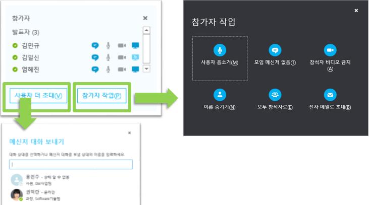 5) 공동작업 모임이복잡해지는경우 발표자가관리할수있습니다.. 다른사용자에게제어권제공 다른사용자가슬라이드를이동하거나, 화이트보드나 OneNote, PowerPoint 또는다른종류의파일에정보를제공하고변경사항을추가하거나, 클릭몇번만으로프로그램데모를보여줄수있도록제어권을제공합니다. 제어권은언제든지회수할수있습니다. 1. 제어권제공을클릭합니다. 2.