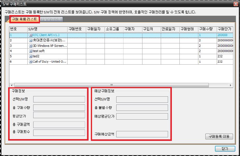 1 SW 라이선스구매정보기록 구매한 SW