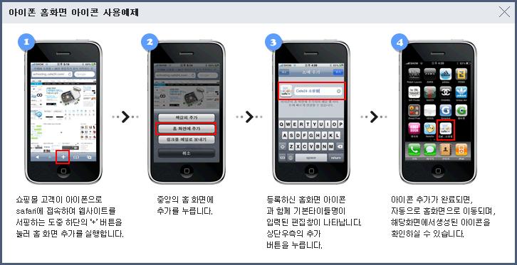 . 디자인편집 _ 공통설정 [ 아이폰홈화면아이콘등록예제보기팝업이미지안내 ] 아이폰에서 Safari 라는브라우져를사용하여, 웹접속중에홈화면에아이콘으로바로가기등록을하는프로세스를설명한안내팝업입니다.