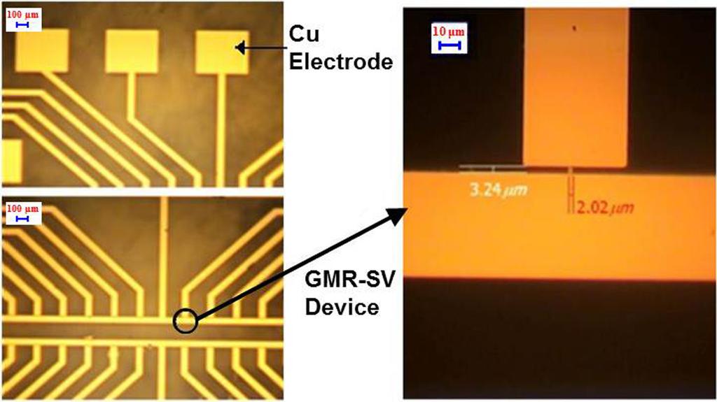 5(b)는 미크론 자성비드 검출 시스템에서 관찰한 DNA nm인 GMR-SV 박막을 선정하여 감광액(photoresist; PR)을 의 정제와 생체분자를 흡착하는 1 µm의 초상자성체 자성비 수 µm 정도 코팅하고 자외선(ultraviolet; UV)을 마스크로 드(-Si-OH)의 자화 상태를 나타낸 것이다.