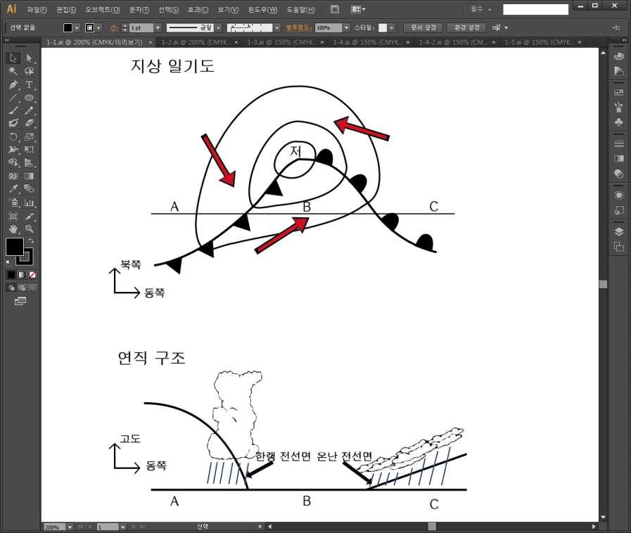 2017 학년도대학신입학생수시모집일반전형면접및구술고사 [ 지구과학 ] < 문제 1~ 문제 2> 다음은북반구편서풍대에서발달하는온대저기압의지상일기도와 A-B-C 지점을따라전선의연직구조를개략적으로나타낸그림이다. 문제 1. 일반적으로온대저기압은저기압중심에서남서쪽으로한랭전선을, 남동쪽으로온난전선을 동반한다.