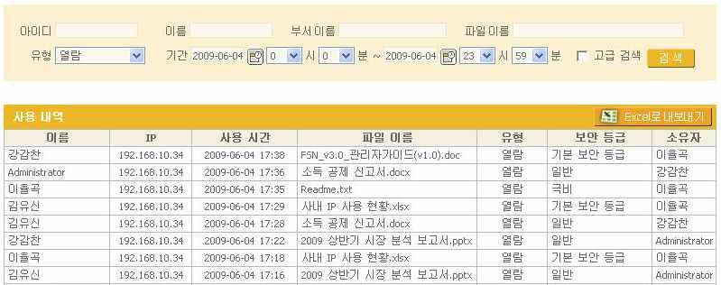 사용자가보안문서를사용한내역에대한실시간모니터링및로그데이터의수집및관리기능을제공합니다.